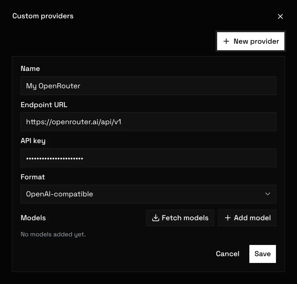 Formulário de provedor personalizado com nome, URL do endpoint, chave de API, formato e a lista de modelos